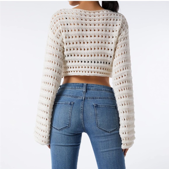 NWT Hollow Out Crochet Knit Crop Top Sweater - Picture 5 of 5